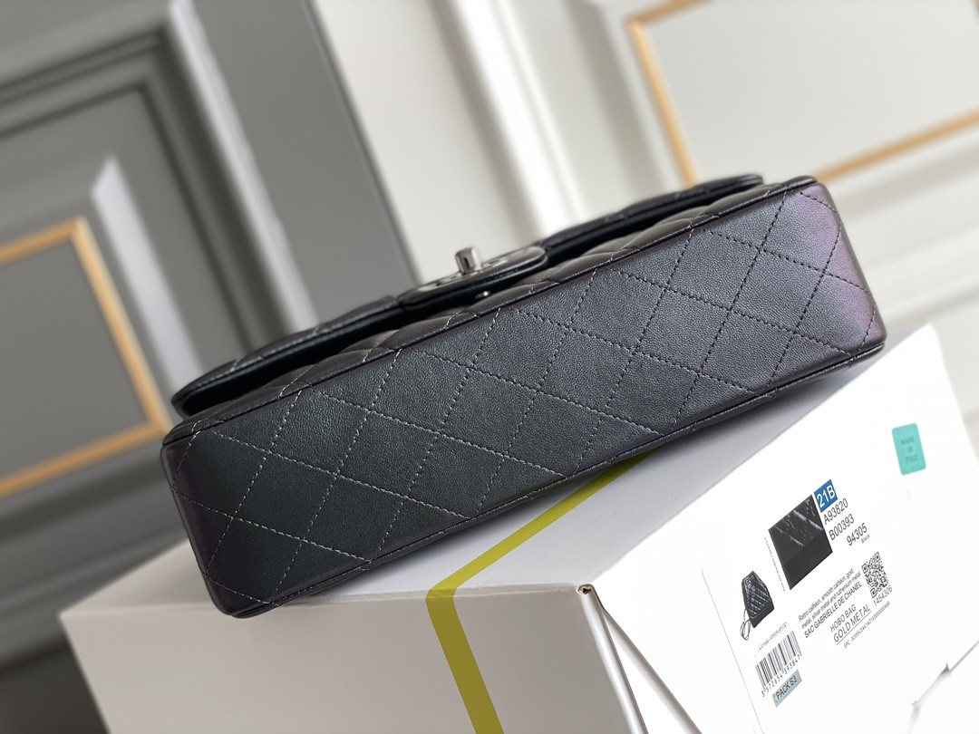 Ch*el crumpled calfskin quited double flap black 19.5×30×10cm