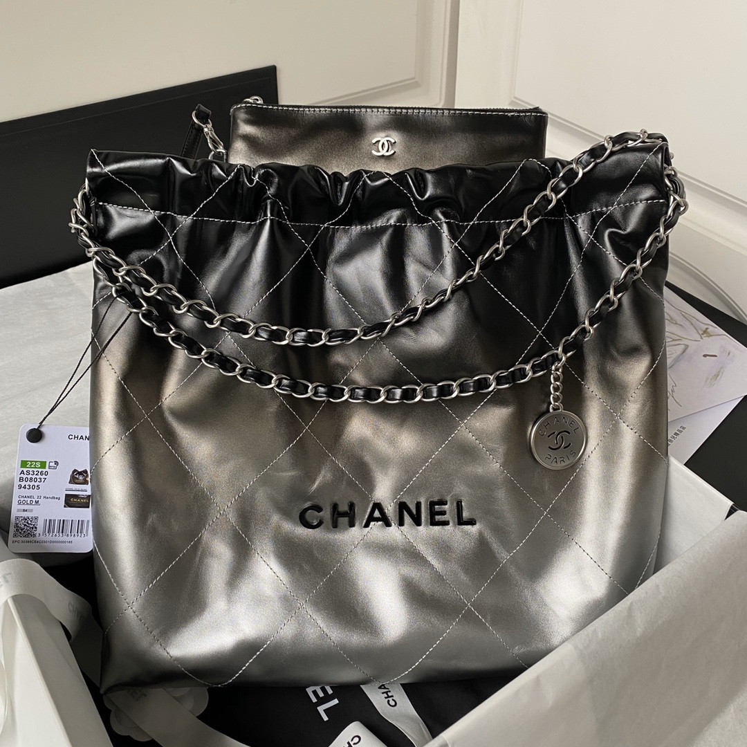 Ch*el 22 handbag shiny calfskin silver 15.2×16.4×3.1 in