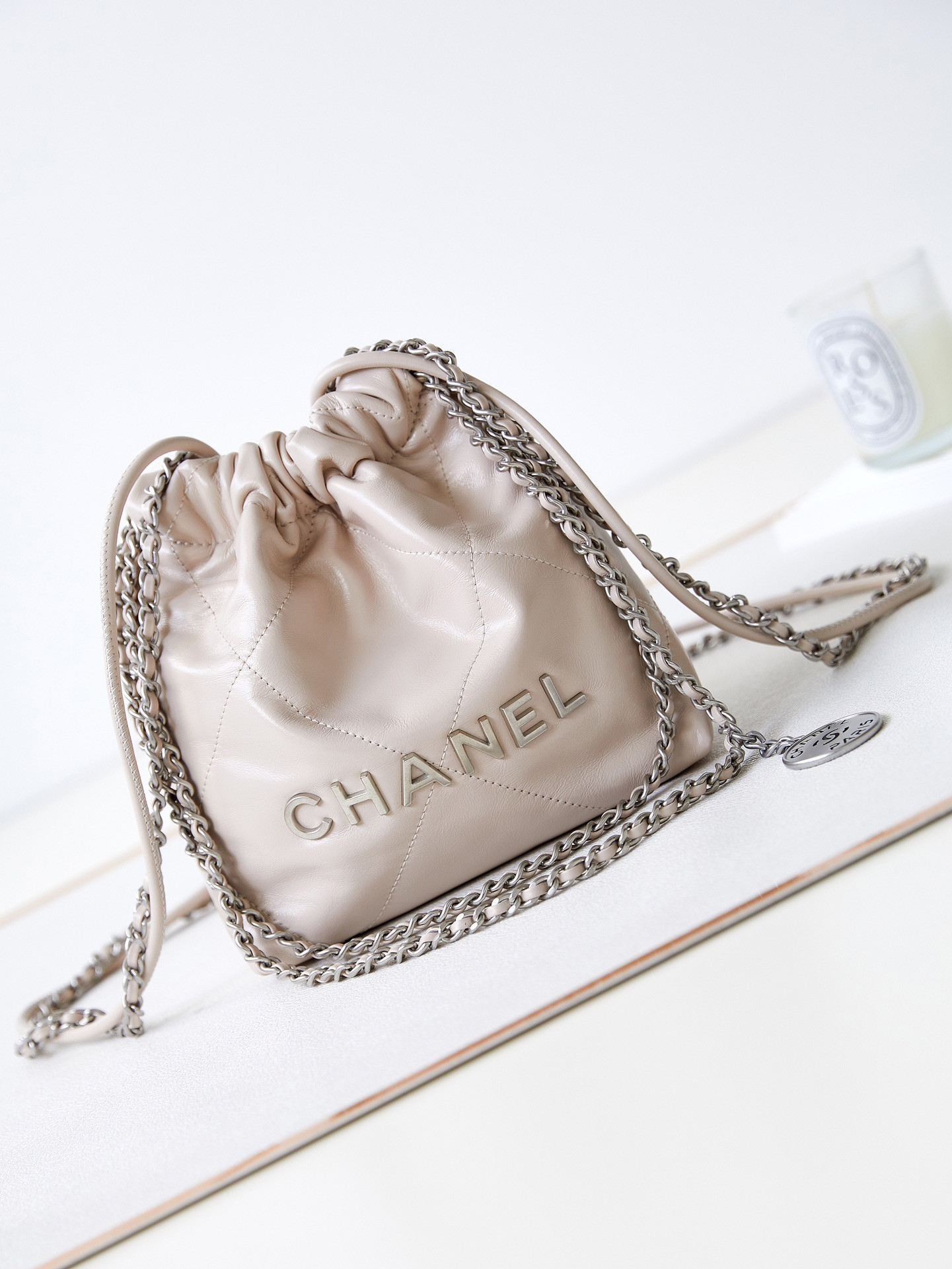 Ch*el 22 mini handbag shiny calfskin apricot 7.8 × 7.4 × 2.3 in