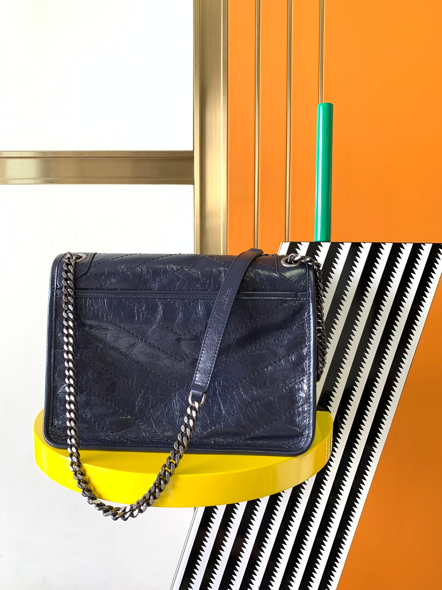 Y*L niki medium in vintage leather navy 11 x 7.8 x 3.3 inches