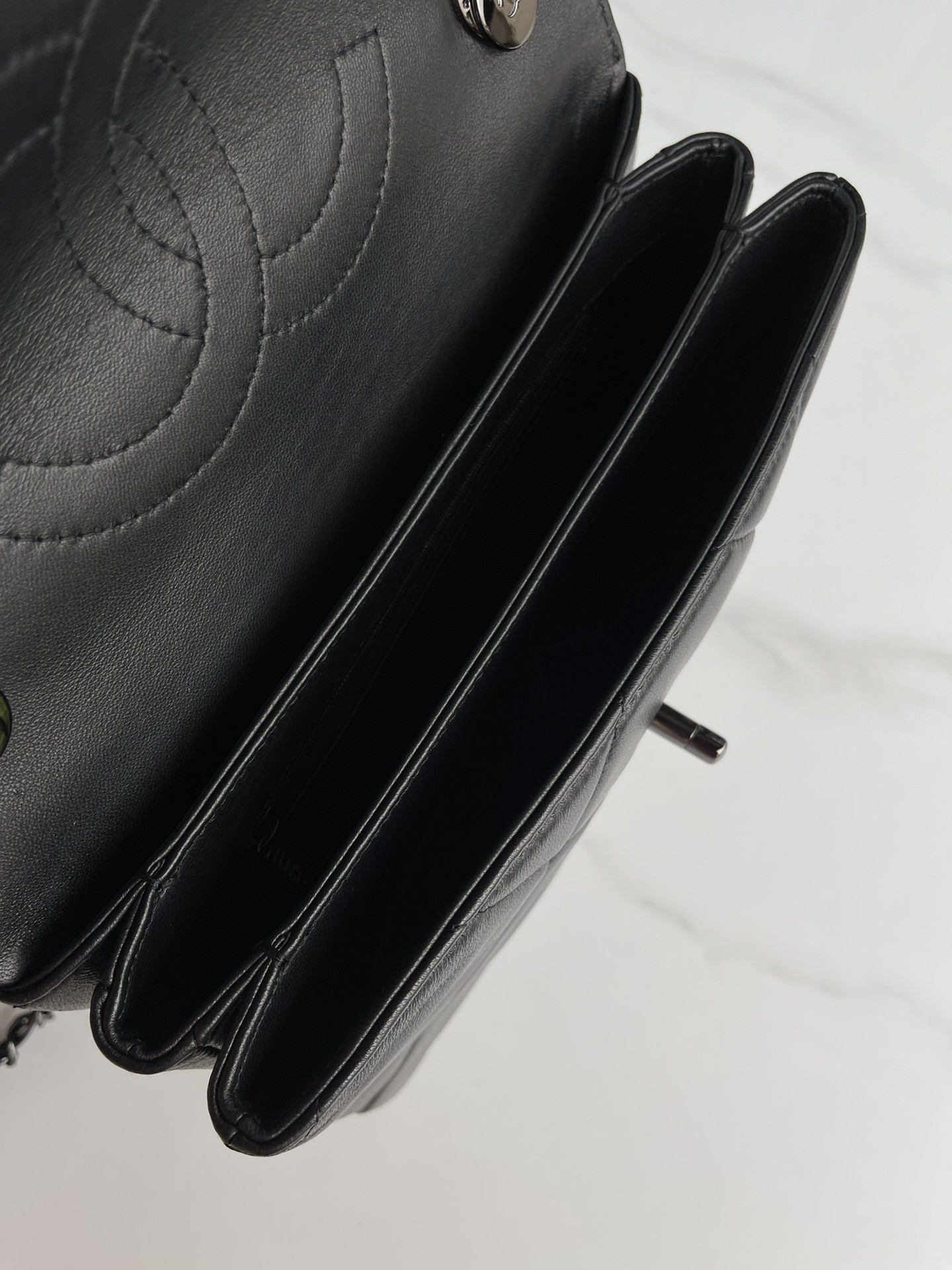 Ch*el flap bag with top handle 6.6 × 9.8 × 4.7 in